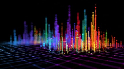 Poster - Abstract D graph with bars and lines emerging from a grid, each section in bright, contrasting colors to illustrate data clearly