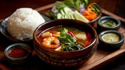 Poster - An artistic arrangement of a bowl of tom yum soup with fresh shrimp and colorful vegetables, complemented by a side of jasmine rice and dipping sauces