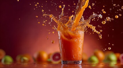 Poster - An artistic shot of a splash of  being poured from a bottle into a glass, with droplets and splashes captured mid-air, highlighting the freshness and vitality of the juice.