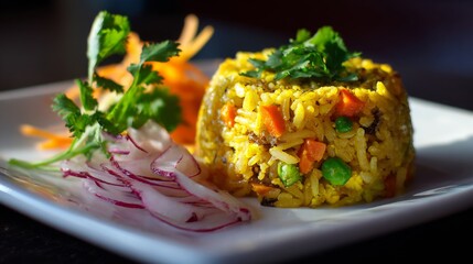 Poster - An artistic view of curry fried rice plated elegantly on a white dish, with a sprinkle of fresh cilantro and a side of pickled vegetables for added visual appeal.