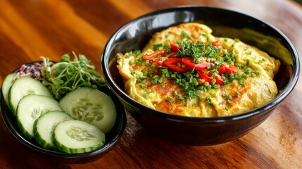 Poster - An inviting bowl of omelet rice served with a side of fresh cucumber slices and herbs, showcasing the balance of flavors and colors in a simple yet delicious meal