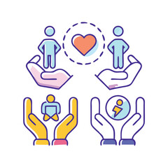 Poster - Comprehensive collection of care and support icons featuring diverse symbols for healthcare assistance charity and community services suitable for websites apps and print materials focused