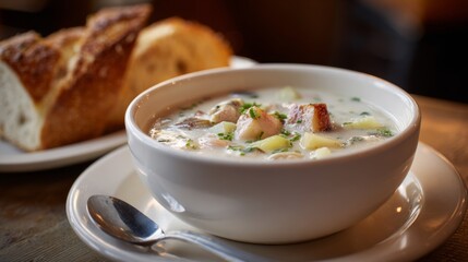 Poster - A beautiful bowl of clam chowder with chunks of tender clams, potatoes, and celery, served with a side of crusty bread in a cozy, inviting setting.