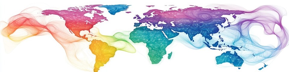 Poster - Abstract Global Map with Colorful Interconnected Network Lines and Points Representing Data Sharing
