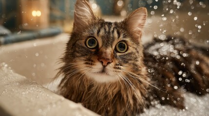 Poster - A close-up of a cat sitting in a shallow bath with gentle water splashing around, showing its curious expression and wet fur in a cozy bathroom setting.