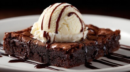 Aufkleber - A close-up of a chocolate brownie topped with a scoop of vanilla ice cream and drizzled with chocolate sauce, creating an indulgent dessert scene