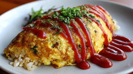 Poster - A close-up of a perfectly cooked omurice with a fluffy omelet draped over savory fried rice, garnished with ketchup and fresh herbs on a white plate.