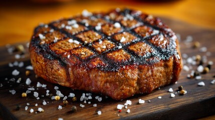 Poster - A close-up of a perfectly grilled ribeye steak with distinct grill marks, placed on a dark wooden board with coarse salt and pepper scattered around