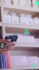 Poster - Animation of icons and data processing over woman with payment terminal in cafe