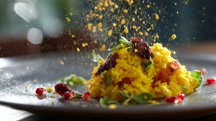 Aufkleber - A close-up of turmeric-infused rice being served on a plate, with vibrant colors and garnishes, creating an appetizing presentation of this dish