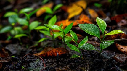 Poster - A close-up of small green saplings growing in dark, rich soil, surrounded by fallen leaves, symbolizing the start of a reforestation effort