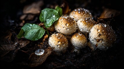 Fototapete - A collection of wild mushrooms clustered together, each adorned with sparkling water droplets, surrounded by rich, dark forest soil and leaves
