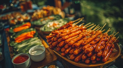 Leinwandbilder - A colorful image of mini sausages arranged on skewers, ready for grilling at a summer barbecue, with fresh vegetables and dipping sauces on the side