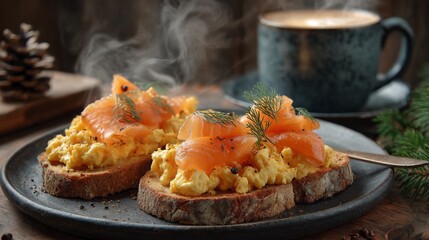 Poster - A cozy breakfast scene featuring two slices of toasted bread topped with scrambled eggs and smoked salmon, with a cup of coffee steaming in the background.