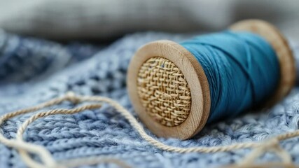 Aufkleber - A spool of thread sits atop a soft blue blanket, ready for use in sewing or crafting projects