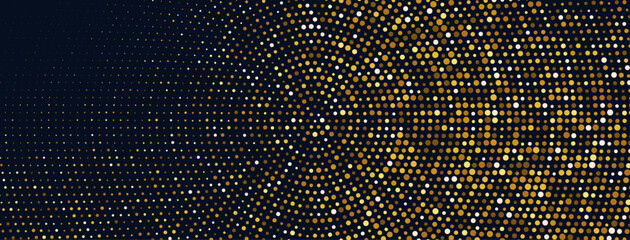 Aufkleber - Glowing golden dots glitter on dark blue background with copy space. Luxury cover template with elegant halftone circle pattern. Vector festive design for New Year poster, banner, card, flyer