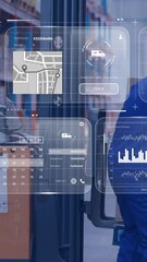 Poster - Animation of data on screens over caucasian man in warehouse