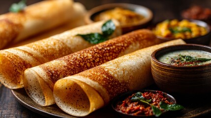 Aufkleber - A dynamic shot of freshly made dosas stacked high, served with coconut chutney and sambar on the side, emphasizing the textures and flavors of this popular South Indian dish