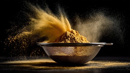 Poster - A dynamic shot of turmeric powder being sifted through a fine mesh strainer, with a cloud of yellow spice rising against a dark background for contrast