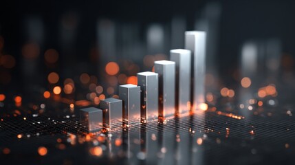Poster - A financial bar chart with translucent bars in ascending order, placed on a dark, sleek background with glowing data points floating around