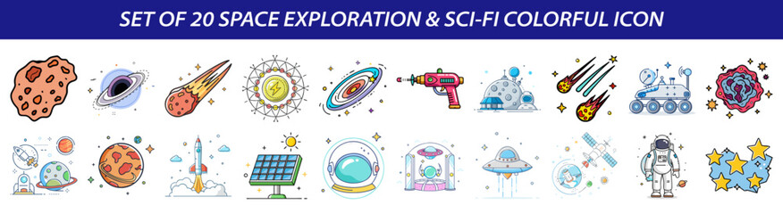 Wall Mural - Set of 20 Colorful Space Exploration & Sci-Fi Vector Icons