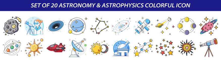 Wall Mural - Set of 20 Colorful Astronomy & Astrophysics Vector Icons