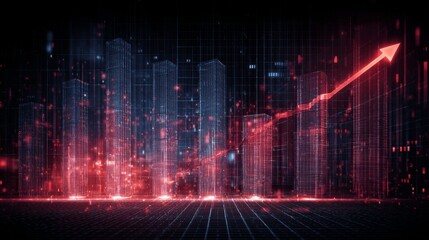 Poster - A futuristic D bar chart with tall, glowing columns and an upward trending arrow, hovering over a dark digital background filled with grid patterns