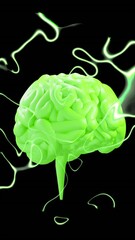 Poster - Animation of human brain and green light trails processing over black background