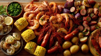 Poster - A high-quality image of a seafood boil with shrimp, corn, potatoes, and sausage, all seasoned and served in a large, colorful spread on a table.