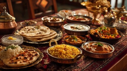 Poster - A high-quality image of a traditional Indian feast with various curries, biryani, raita, and naan, set on a beautifully decorated dining table.