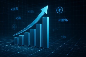 Poster - A glowing blue bar graph with an arrow pointing upwards on dark background
