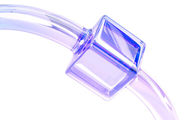 Poster - 3d abstract glass lab technology background. Liquid transparent tube with square connection and holographic light purple pink gradient render. Glossy crystal pipe line with cube shape