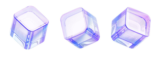 Poster - 3d set of crystal light holographic glass cube render icon. Abstract transparent block shapes with hologram purple pink gradient, dispersion effect. Isolated glossy square box objects