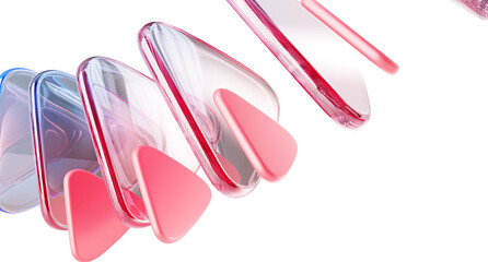 Poster - 3d pink background with glass and plastic triangle plate shapes. Abstract line array wave pattern. Digital tech banner with red blue light holographic gradient. Creative art wallpaper