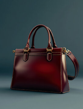 A 3D rendering of a luxurious dark red handbag, crafted from high-quality leather with elegant gold hardware accents. The design features refined stitching, a sophisticated shape