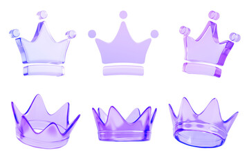 Aufkleber - 3d glass holographic transparent king crowns set. Purple gradient crystal royal headdress, ancient symbol of monarchy power, medieval kingdom treasure, luxury noble render accessory