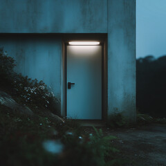 Poster - Illuminated Door: A solitary, illuminated door beckons amidst a muted, mysterious landscape, a glowing rectangle against a backdrop of hushed mystery.