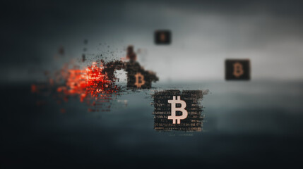 Poster - Bitcoin Explosion in the Digital World: A dramatic explosion of bitcoin, illustrating volatility in the crypto market, set against a dark background.