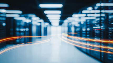 Poster - Digital Data Flow: A cutting-edge server room with rows of modern servers with dynamic data stream pathways. The lighting creates a sense of futuristic advancement.