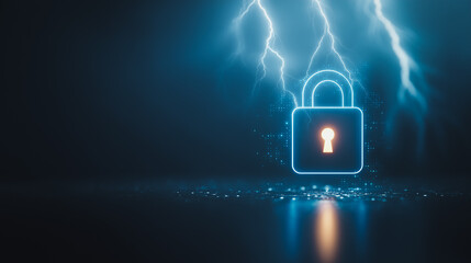 Poster - Cybersecurity Shield: A digital padlock glows with electric energy, with lightning striking in the backdrop, depicting robust security in a technological age.