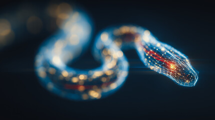 Poster - Cybernetic Serpent: A mesmerizing digital rendering of a serpent, its scales shimmering with a futuristic, cybernetic glow, its head emitting a pulsating red light.