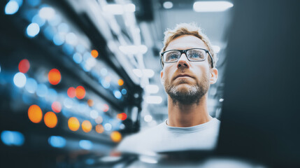 Poster - Server Room Insight: A focused data center worker with beard wearing glasses inspects rows of blinking servers, showcasing the complexity and human element of digital infrastructure.