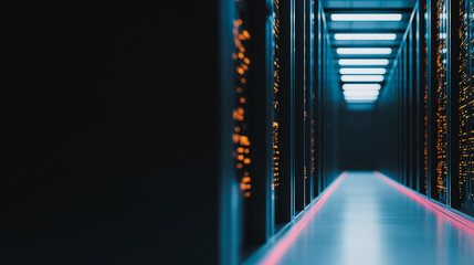 Fototapete - Digital Realm of Information: A perspective view of a high-tech server room, illuminated by neon lights. Rows of advanced servers stand as a testament to the power of digital infrastructure.