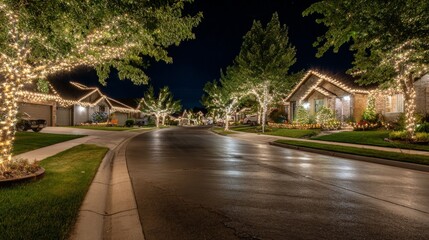 Leinwandbilder - A peaceful suburban street lined with well-lit houses, decorated with string lights, creating a festive atmosphere that highlights the charm of residential neighborhoods at night