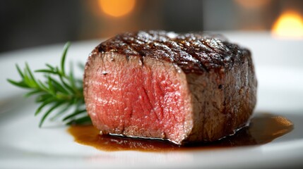 Poster - A perfectly cooked filet mignon resting on a clean white plate, with a rich brown crust and a juicy, tender interior, highlighted by soft lighting