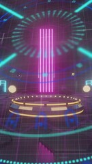 Poster - Animation of colourful circular scanner processing over podium in dark room with neon lights