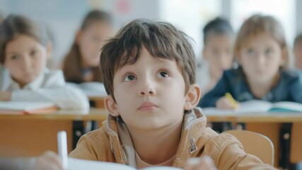 Aufkleber - Young student sits at desk in a traditional classroom setting with textbooks and supplies
