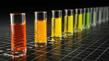 Poster - A row of vibrant, glass-like bars in a financial bar chart, with each bar glowing softly against a sleek, dark grid background, representing economic growth