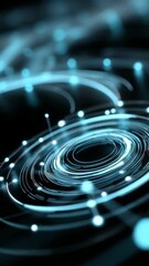 Poster - A blue circle with many dots in it. The dots are arranged in a spiral pattern. The image has a futuristic and abstract feel to it