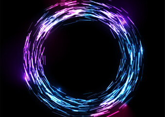Poster - Abstract blue ultraviolet tech glowing neon ring background with glitch effect. Vector futuristic retro design